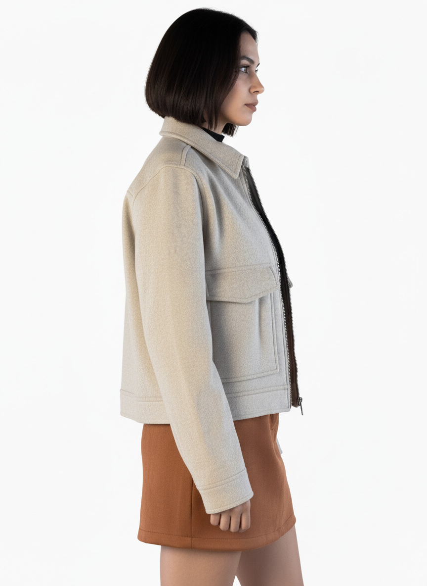 Chamarra beige con ziper y bolsas al frente