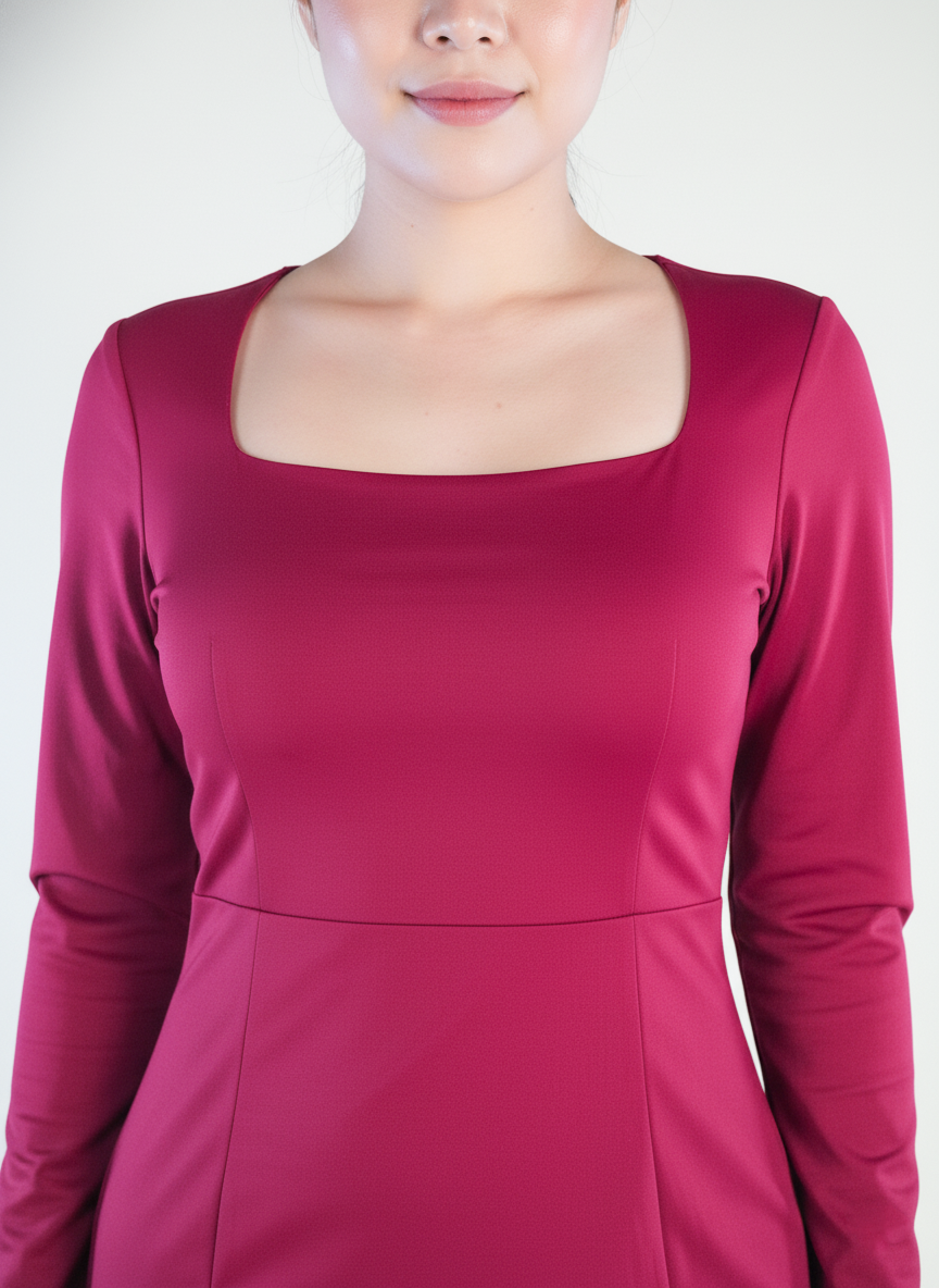 Vestido guinda entallado manga larga con cuello cuadrado