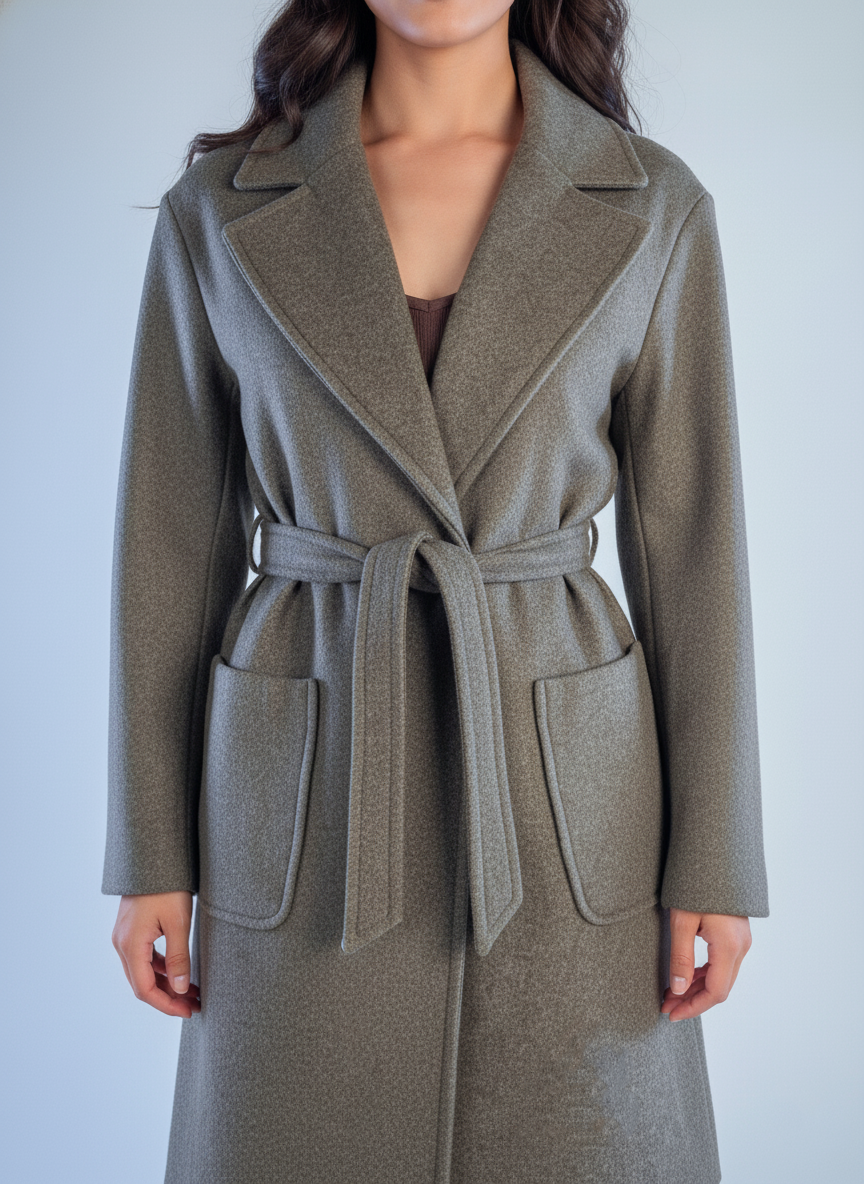 Saco cafe con solapa y cinturón, bolsas al frente