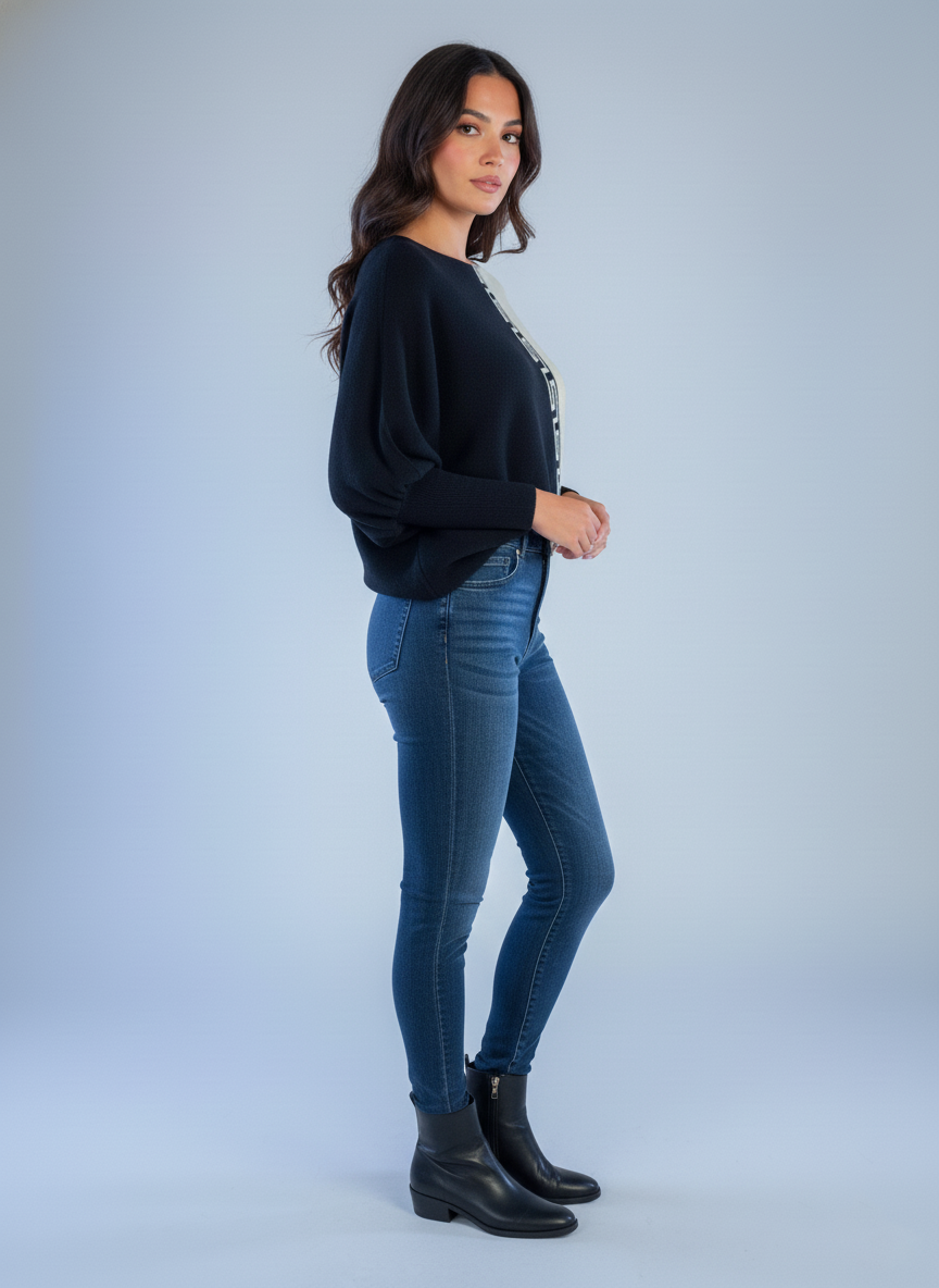 Suéter negro bicolor manga larga de semiglobo