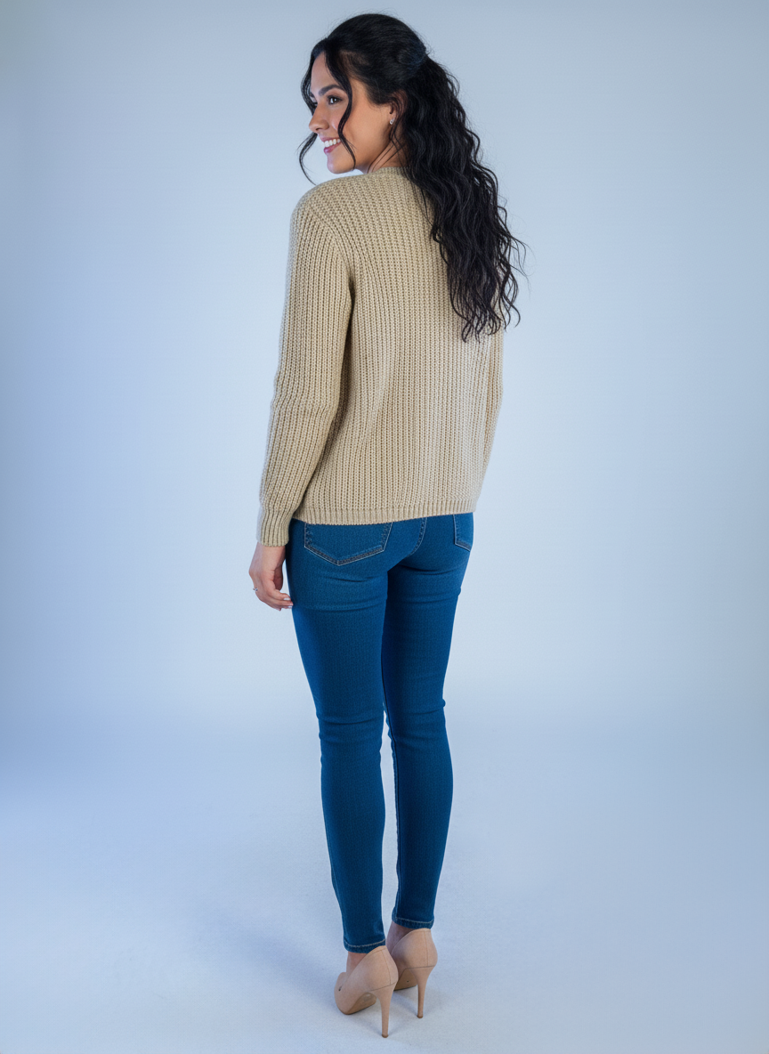 Suéter beige tejido con botones grandes dorados tipo cardigan