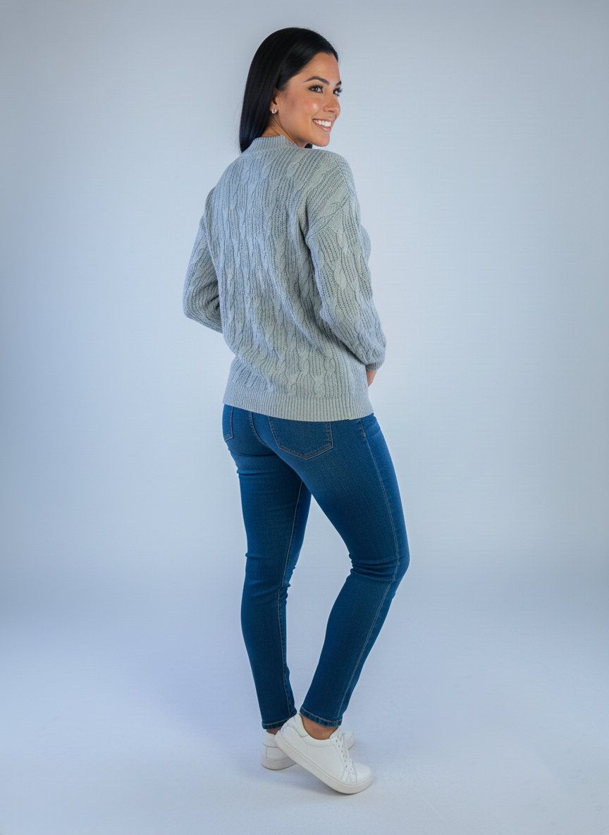 Suéter tejido gris con decoración de trenzas