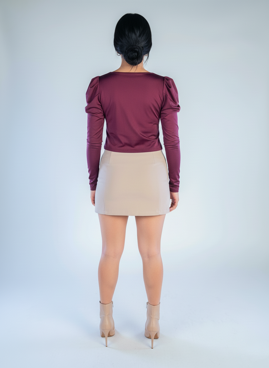 Crop top guinda con hombro tipo globo satinado