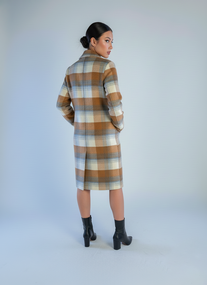 Saco cuadriculado con bolsas laterales cierre a un boton