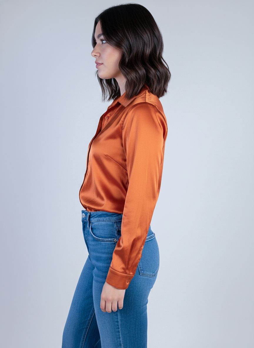 Blusa satinada naranja satinada abotonada