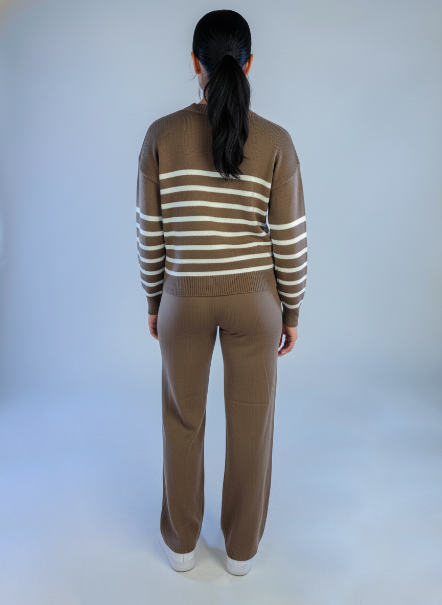 Conjunto cafe de suéter rayado y pantalonera