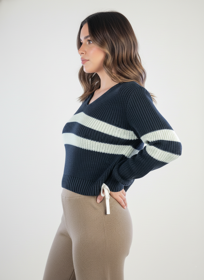 Suéter tejido con rayas decorativas horizontales cuello redondo