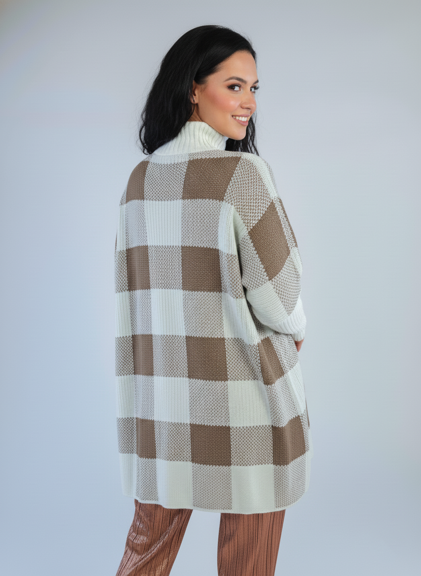 Capa de cuello alto cuadriculada, manga larga