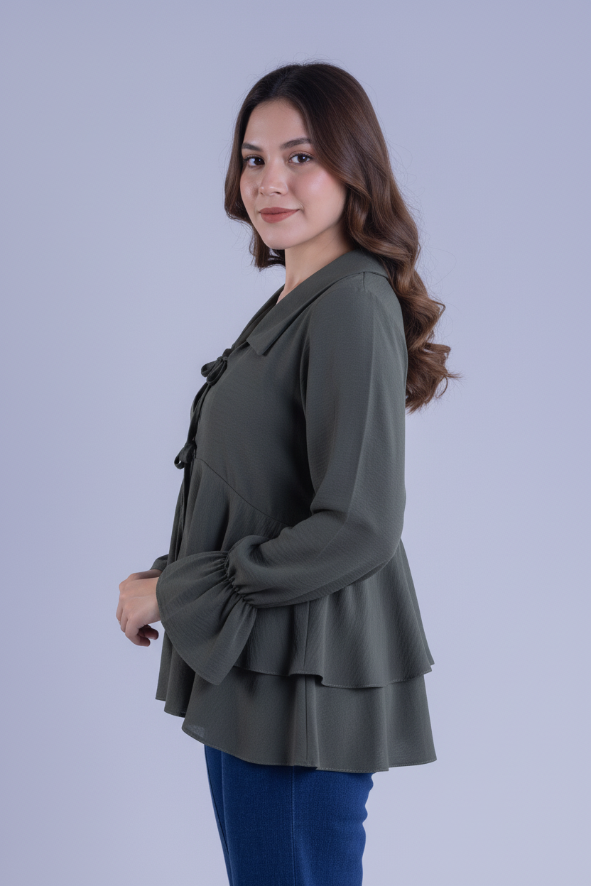 Blusa manga larga con amarres y olanes