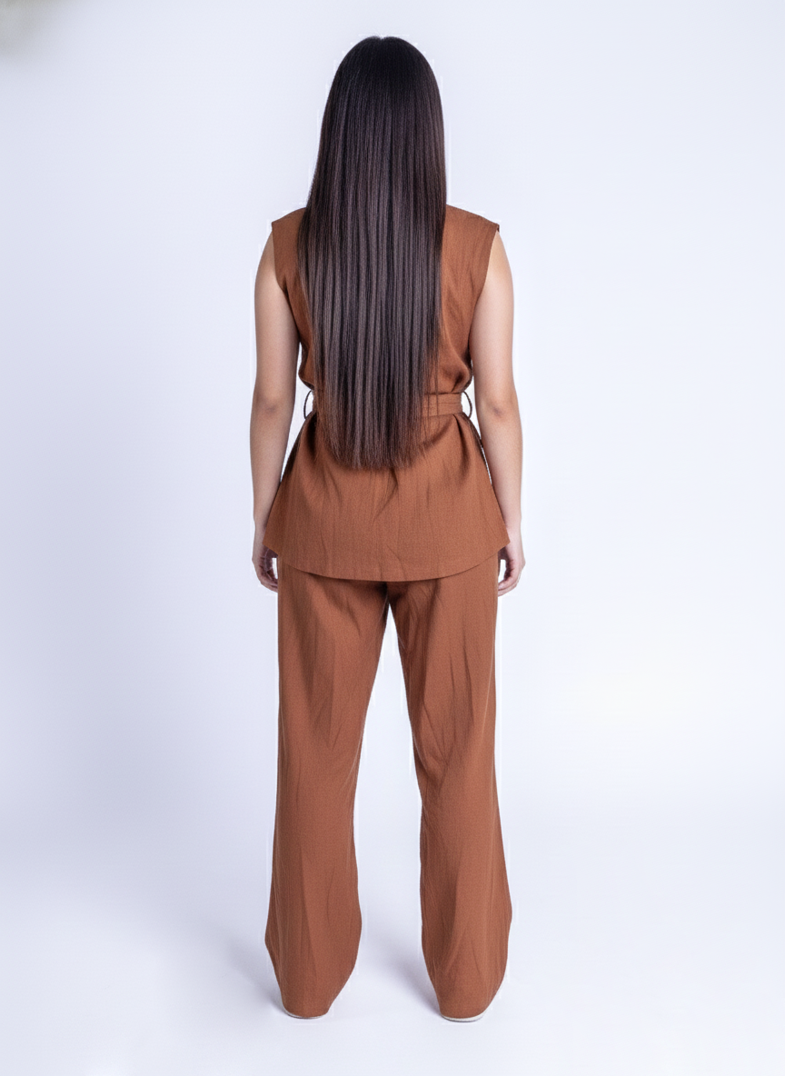 Conjunto cafe de dos piezas de chaleco con cinturon ajustable y pantalón