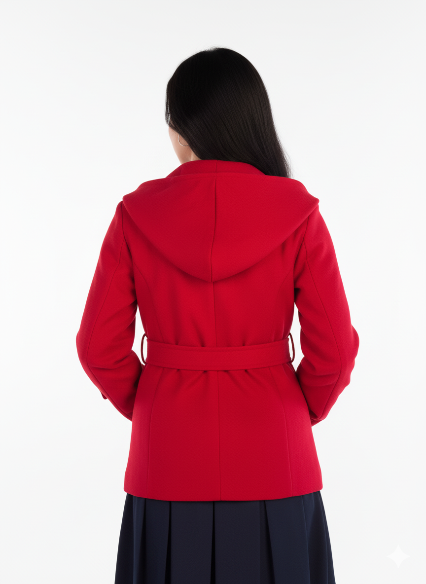 Abrigo rojo abotonado con cinto ajustable