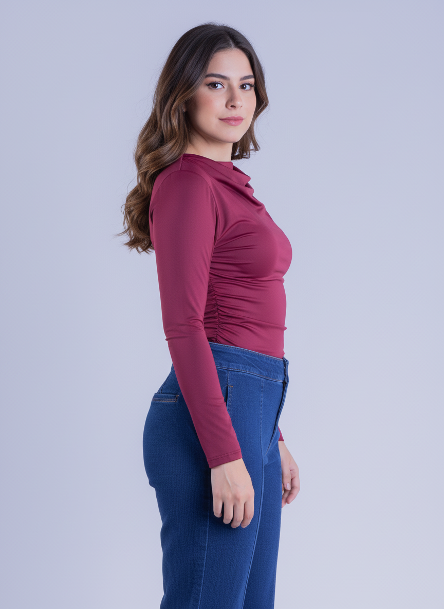 Blusa manga larga plisados laterales satinada