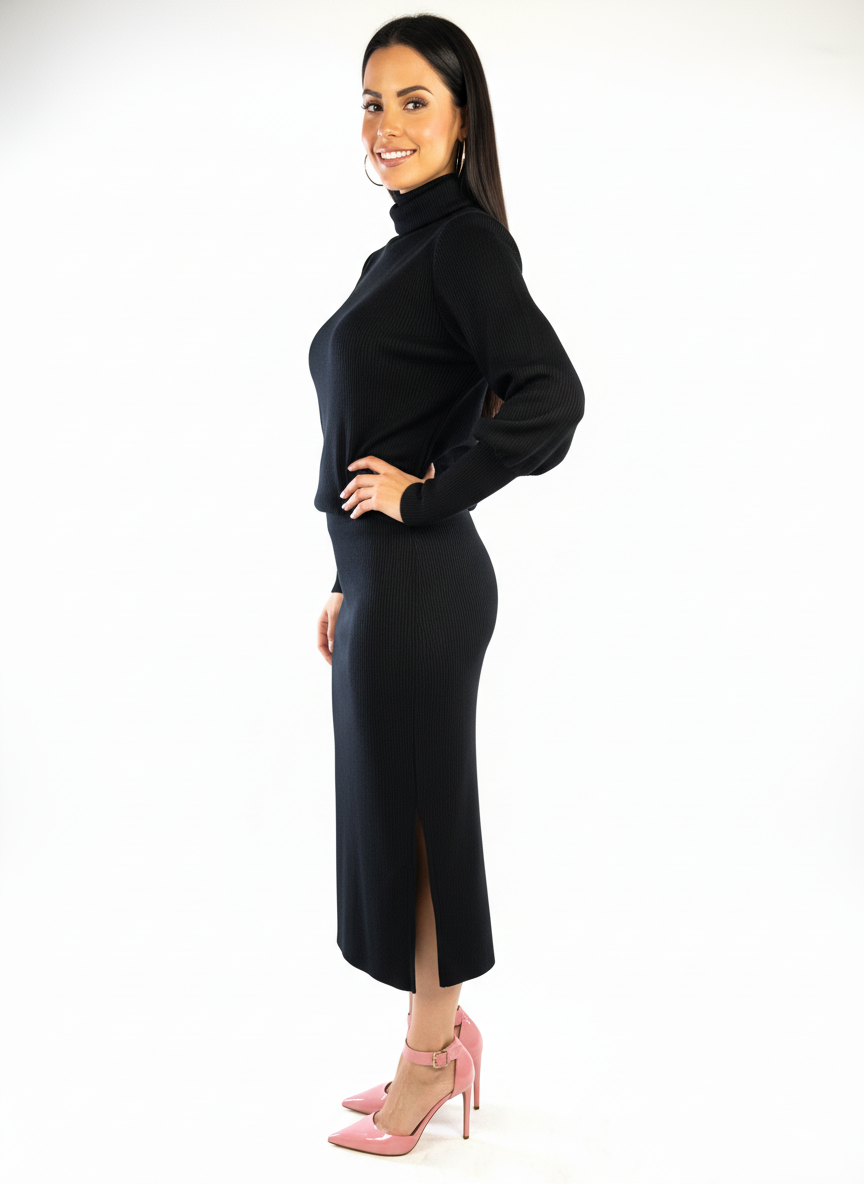 Conjunto negro de blusa de cuello alto manga larga y falda