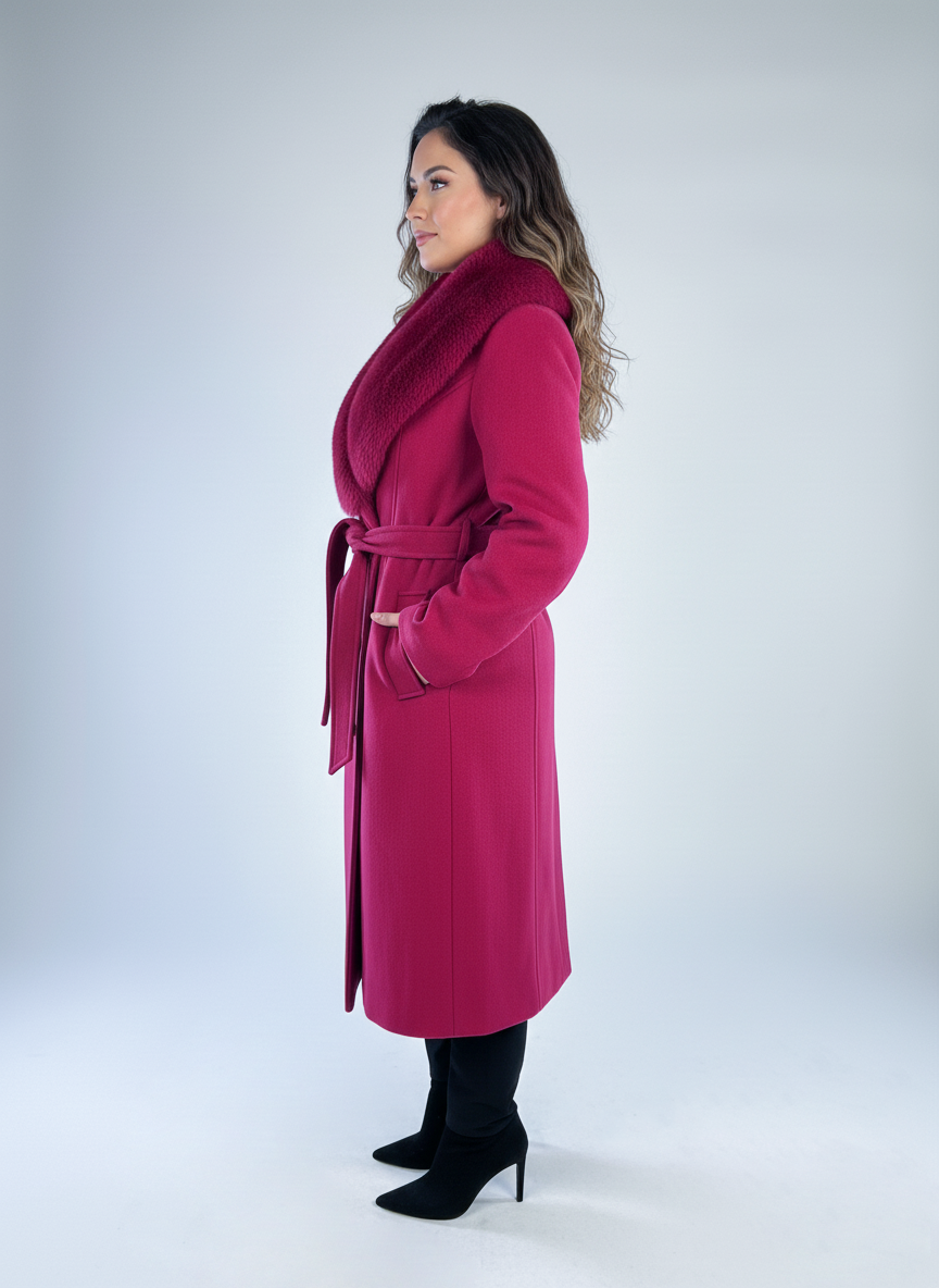 Saco guinda abotonado con peluche en cuello