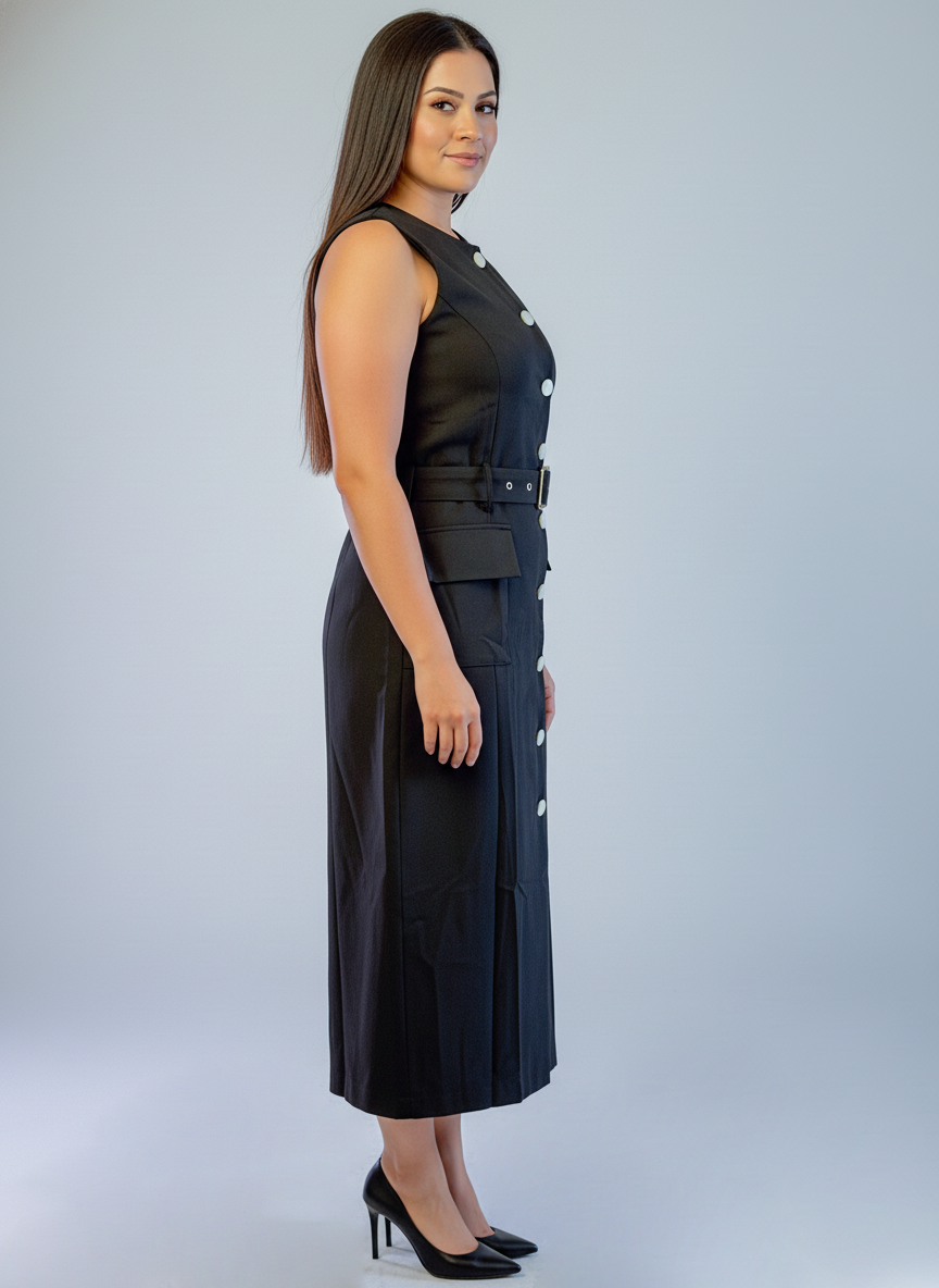 Vestido negro abotonado cuello redondo con cinturon
