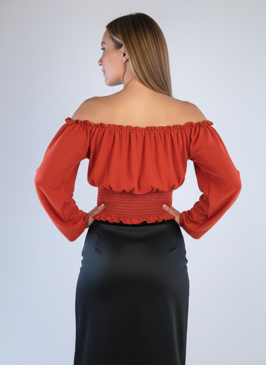Blusa naranja estilo campesina