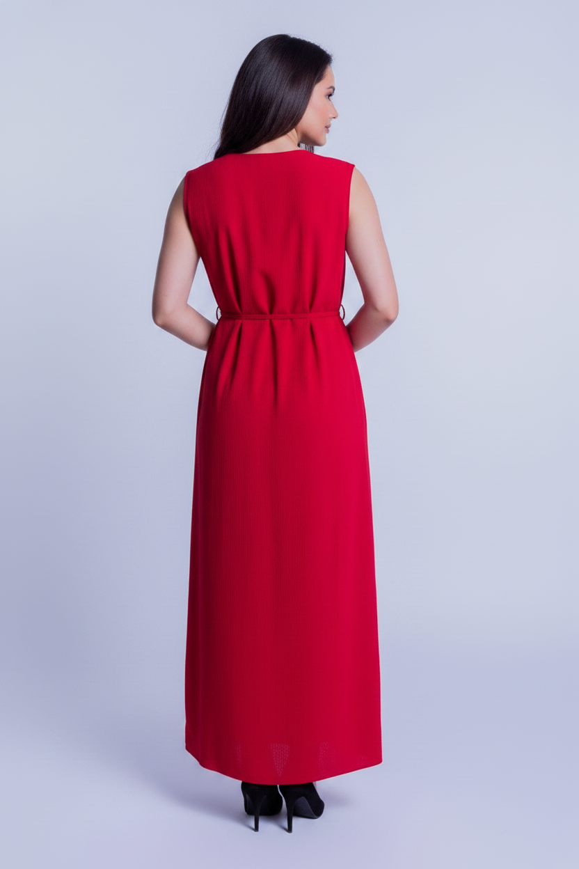 Vestido rojo con escote en V y cinturón de tela ajustable