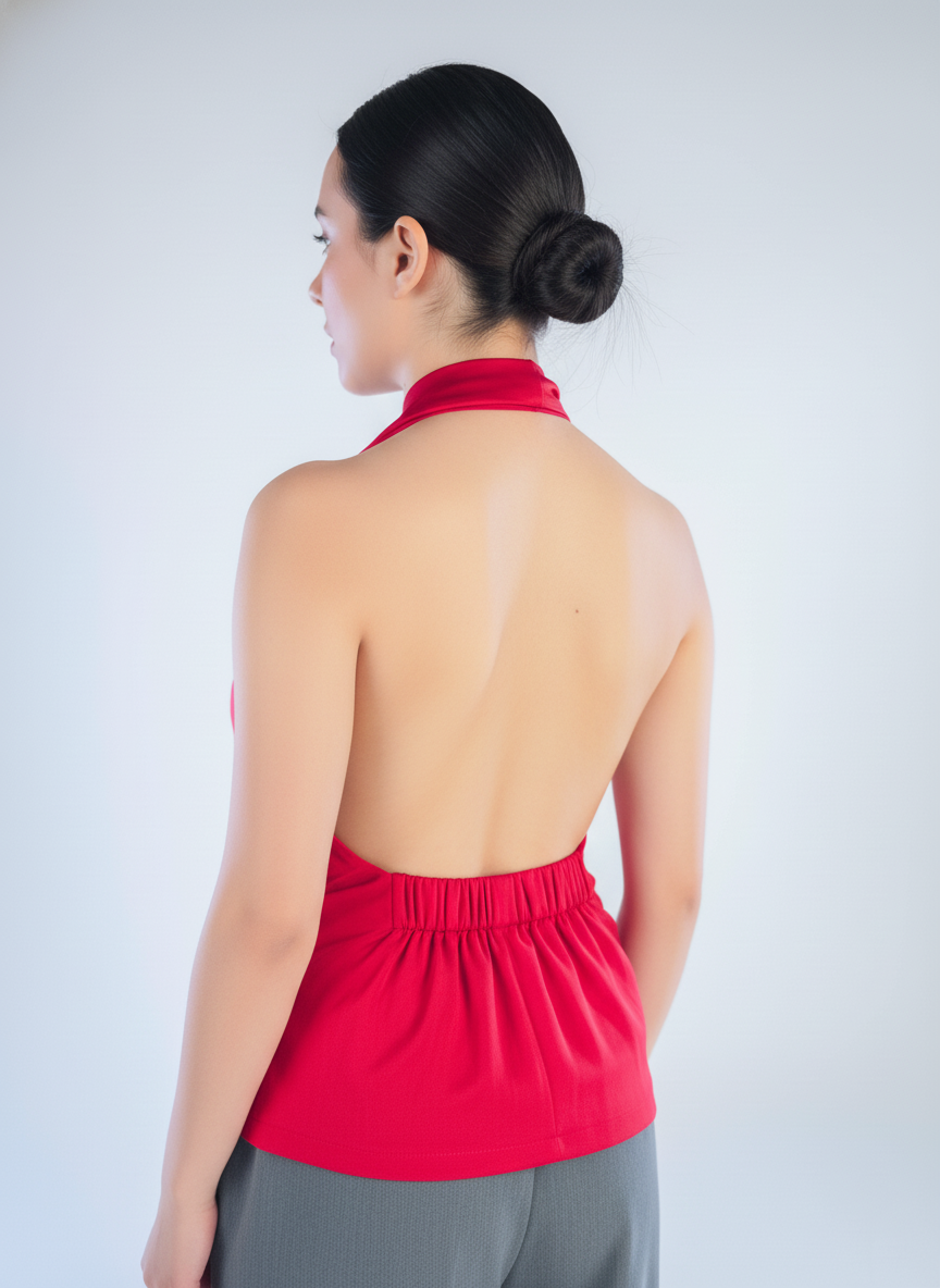 Top tipo halter rojo con detalle de cinto