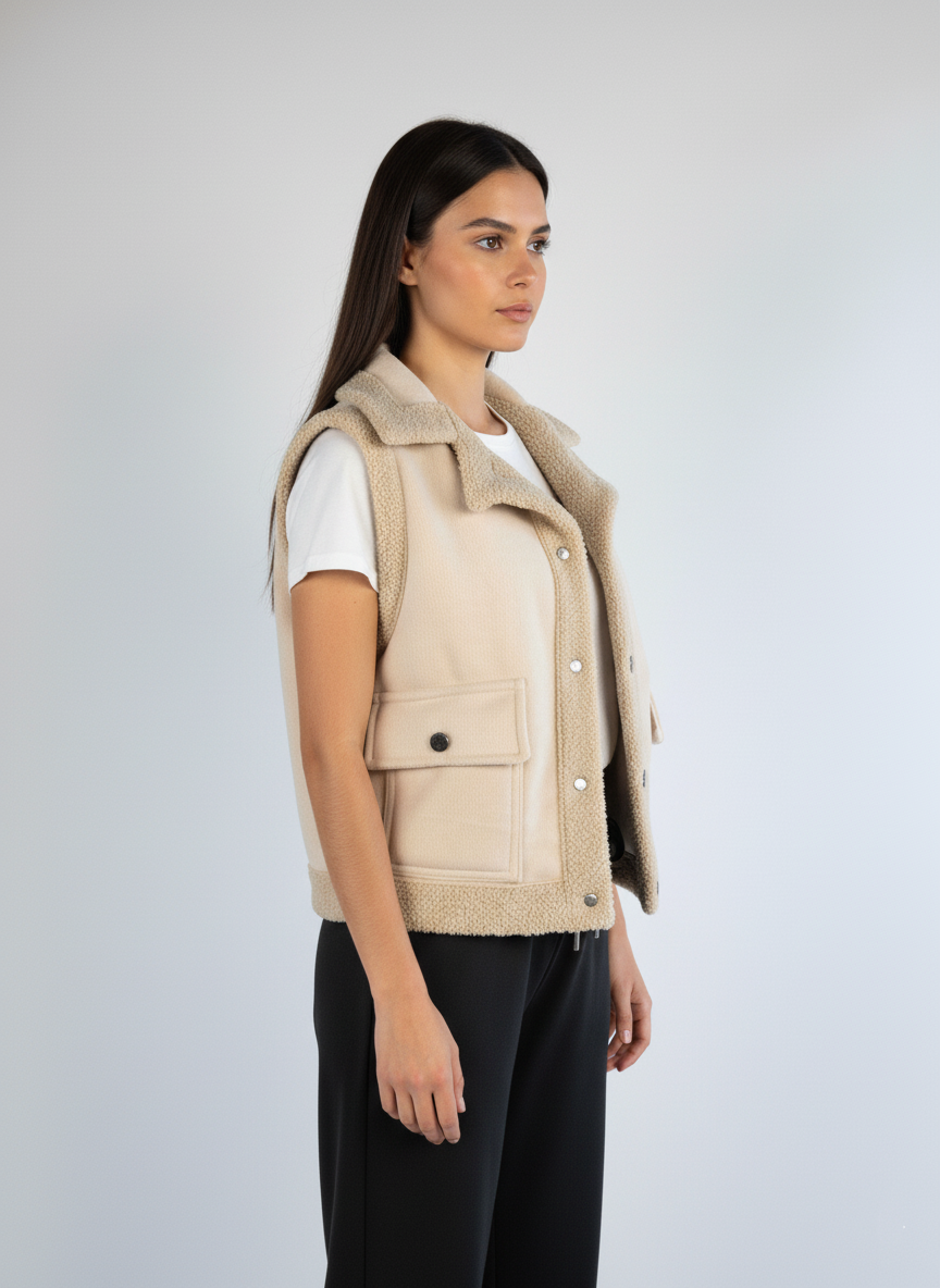 Chaleco beige con borrega en cuello cierre de botones