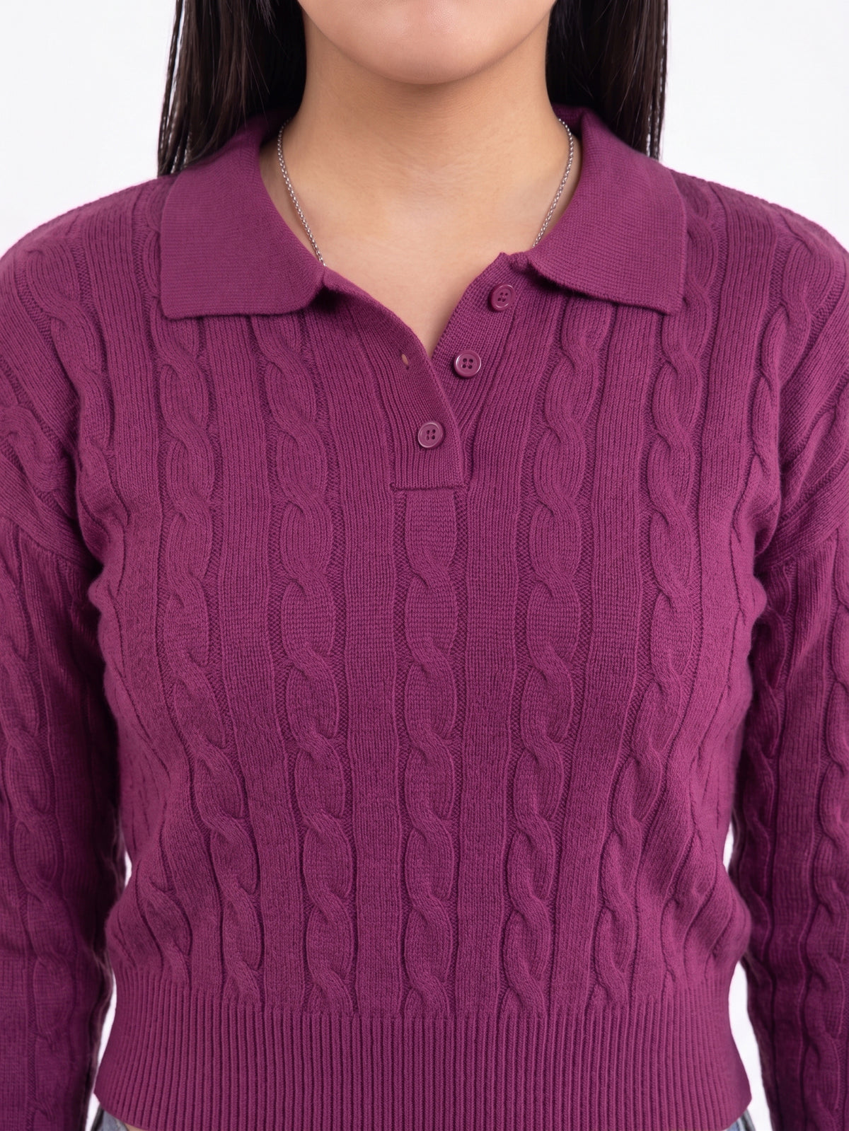 Suéter guinda trenzado cuello estilo polo