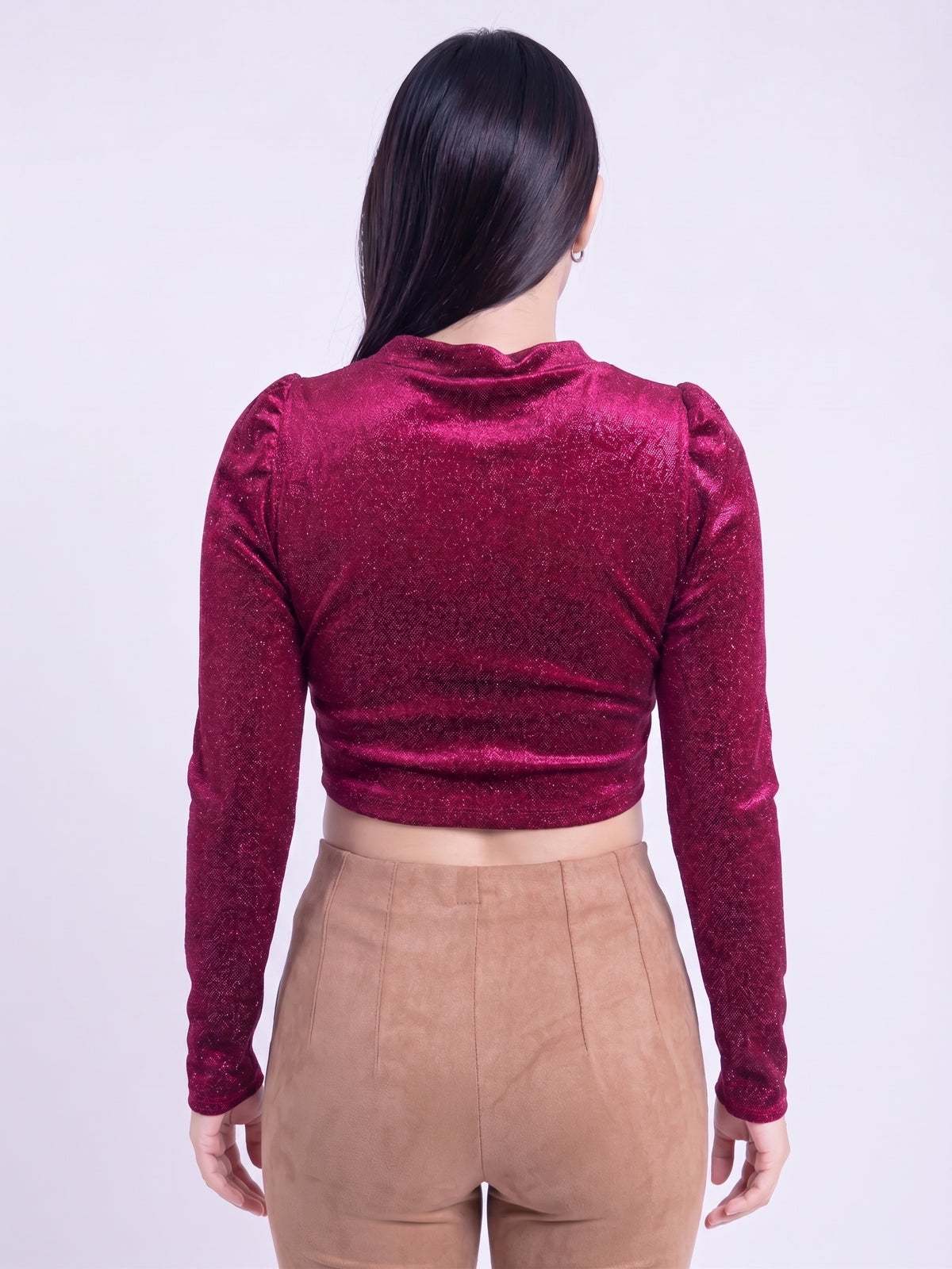 Crop top guinda gamuza cuello redondo