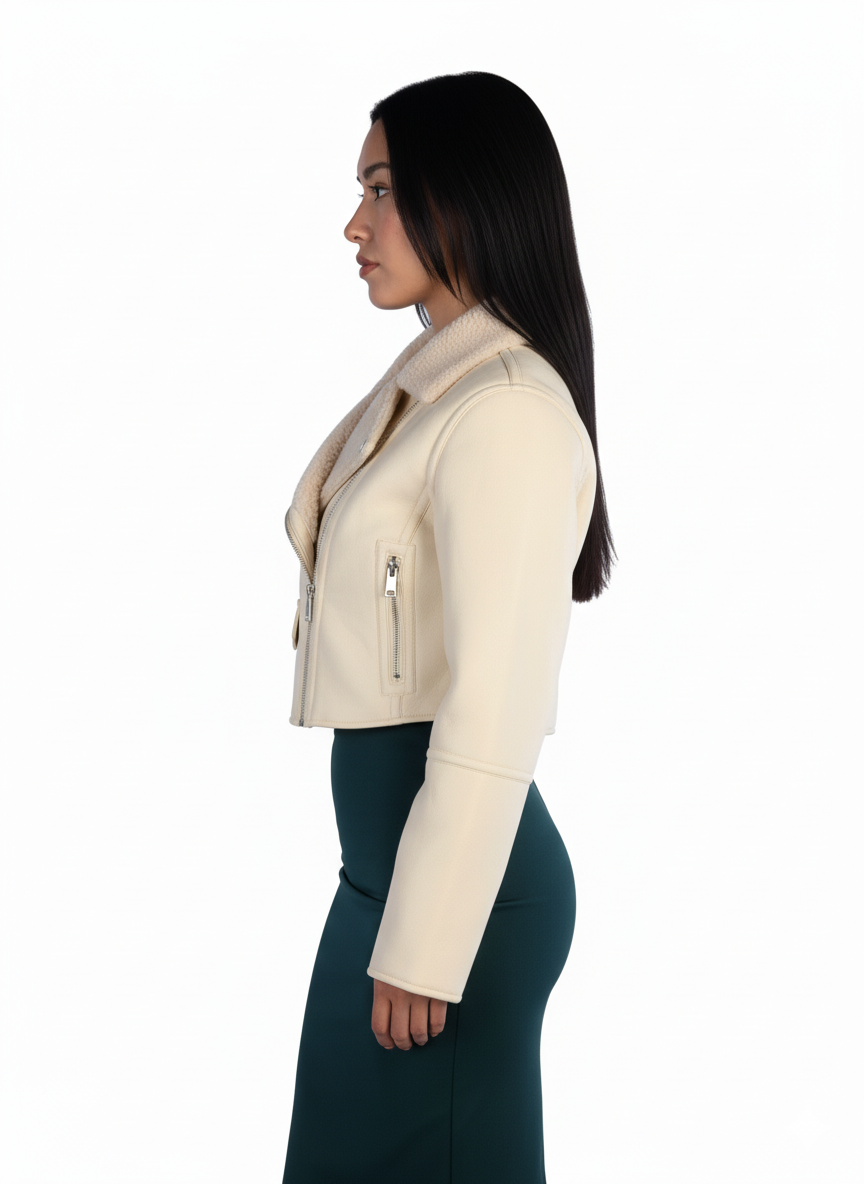 Chamarra beige de vinipiel con cuello e interior de borrega