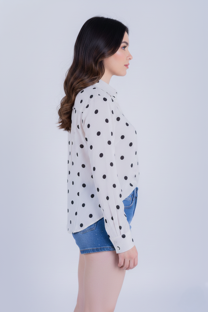 Blusa blanca con puntos abotonada