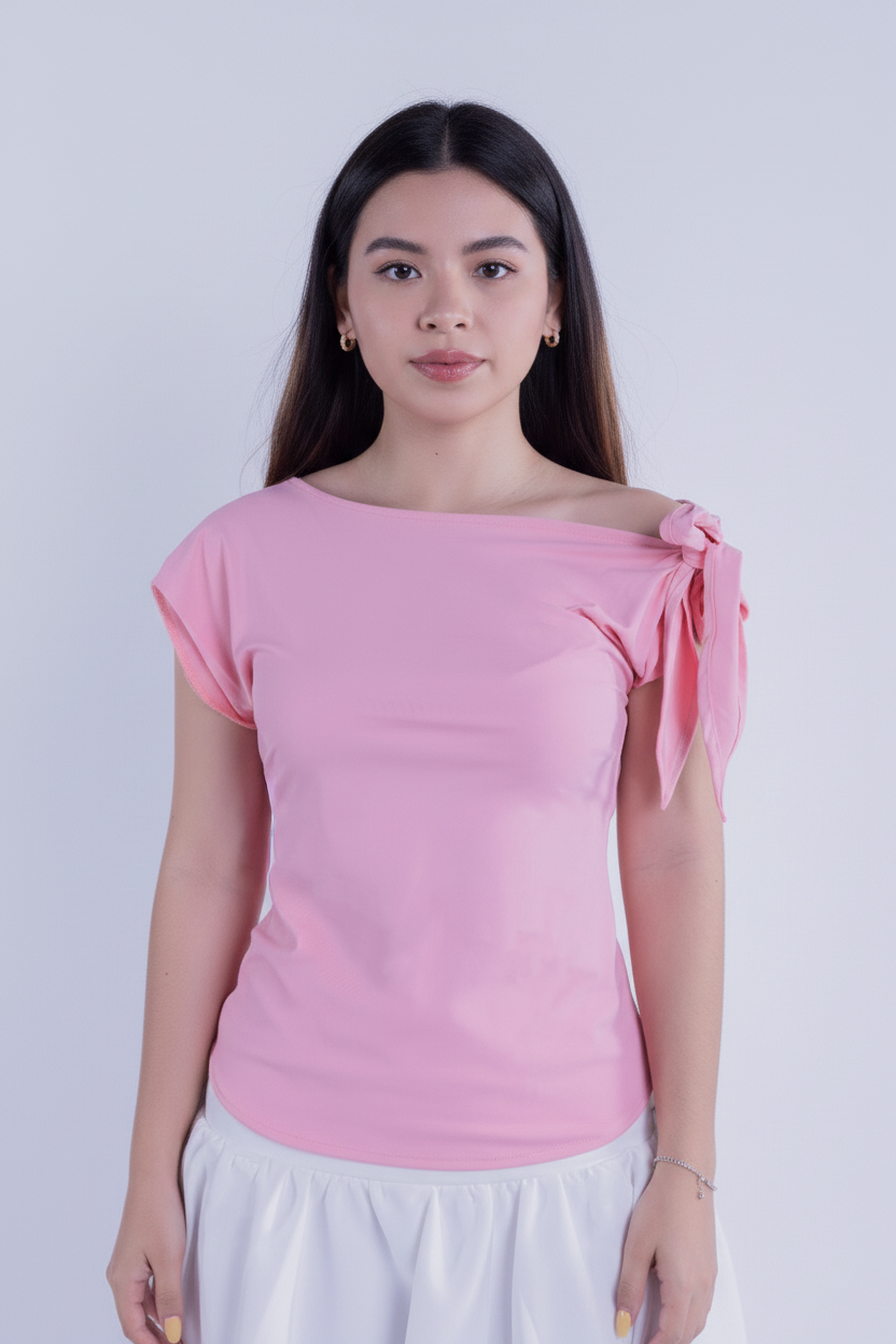 Blusa rosa con amarre en un hombro