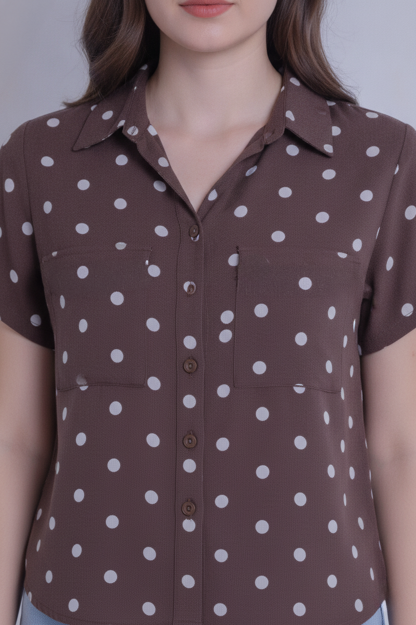 Blusa cafe con estampado de puntos abotonada