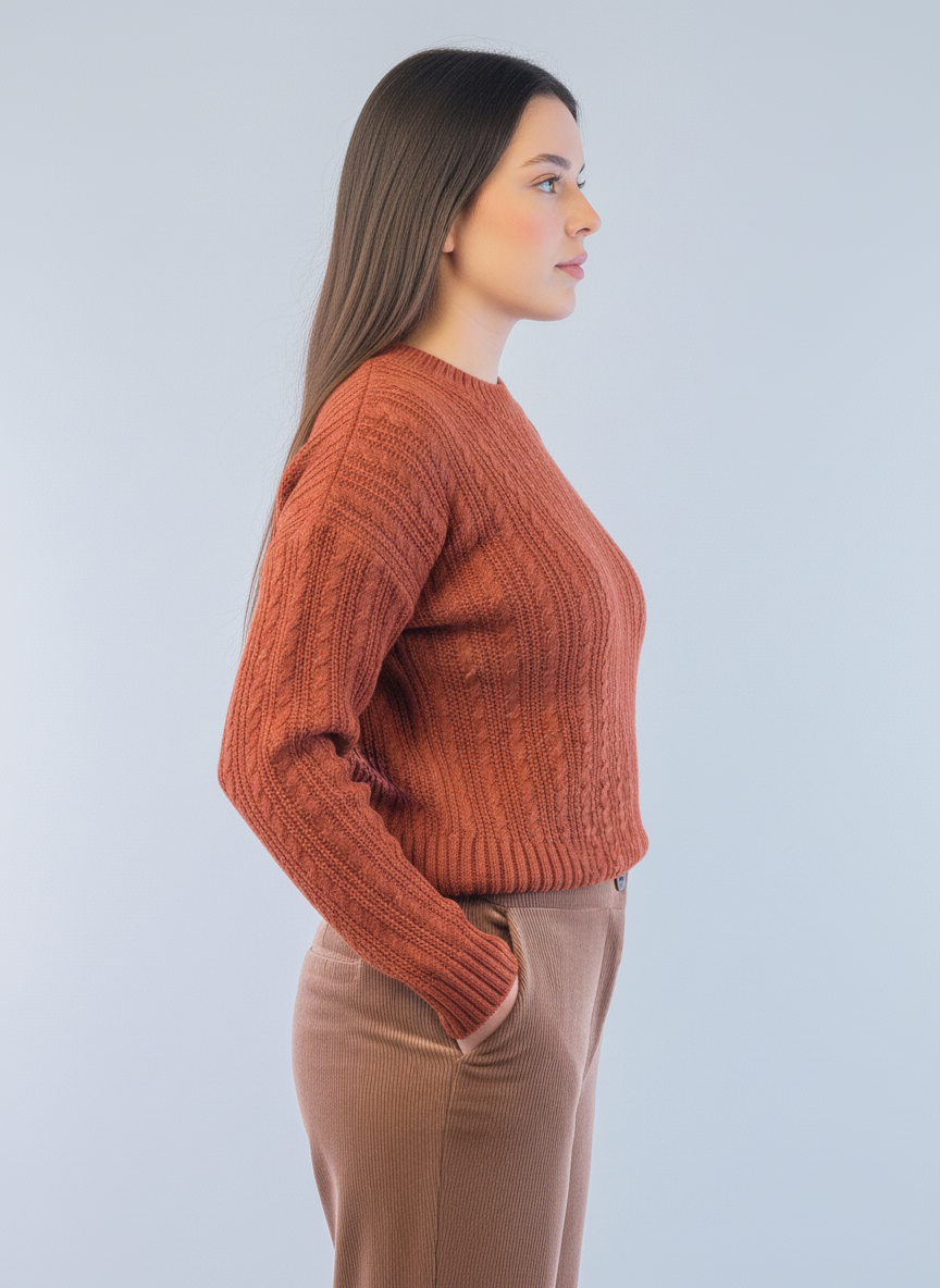 Suéter naranja cuello circular con detalles de trenzas