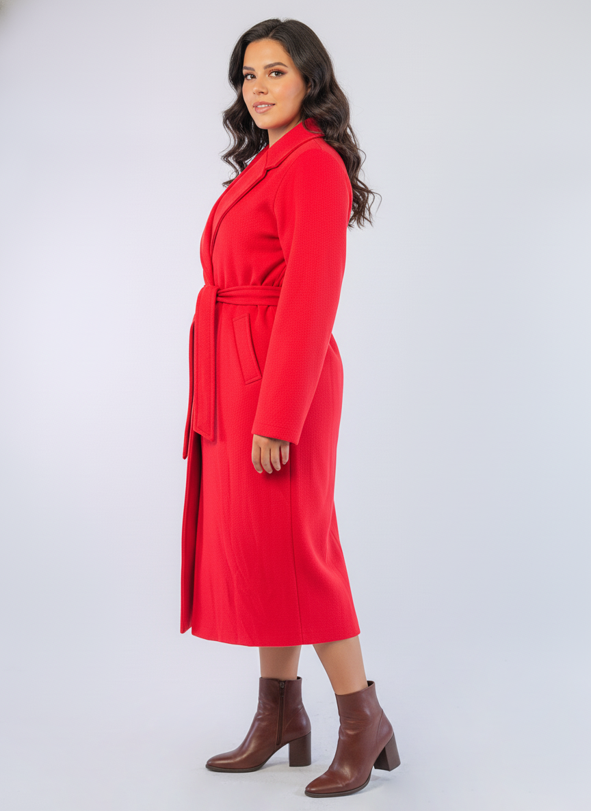 Abrigo largo rojo con amarre en cinturón