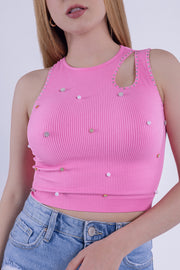Blusa rosa chicle con detalle en hombro