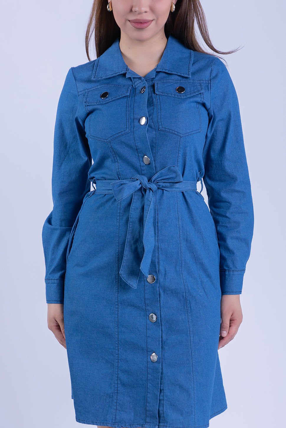 Vestido de mezclila abotonado manga larga