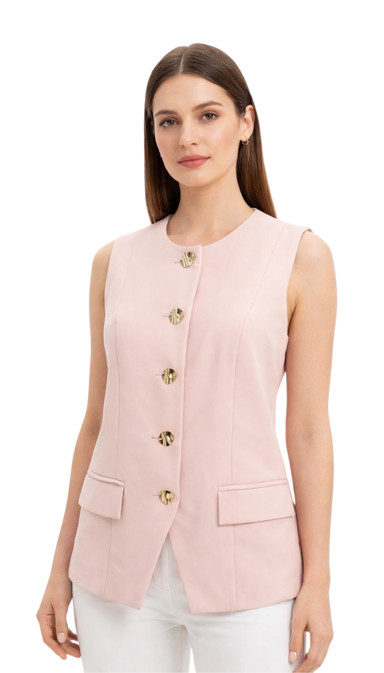 Chaleco rosa con costuras laterales, abotonado