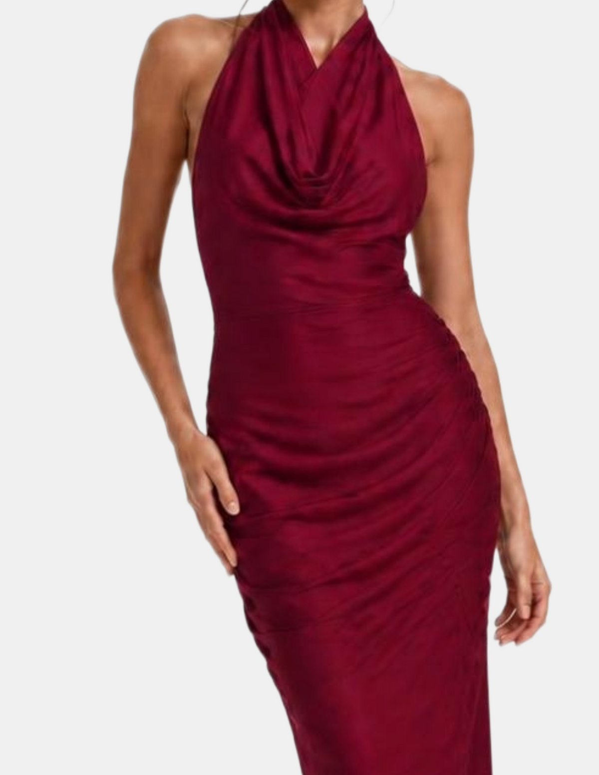 Vestido guinda con amarre al cuello estilo satinado