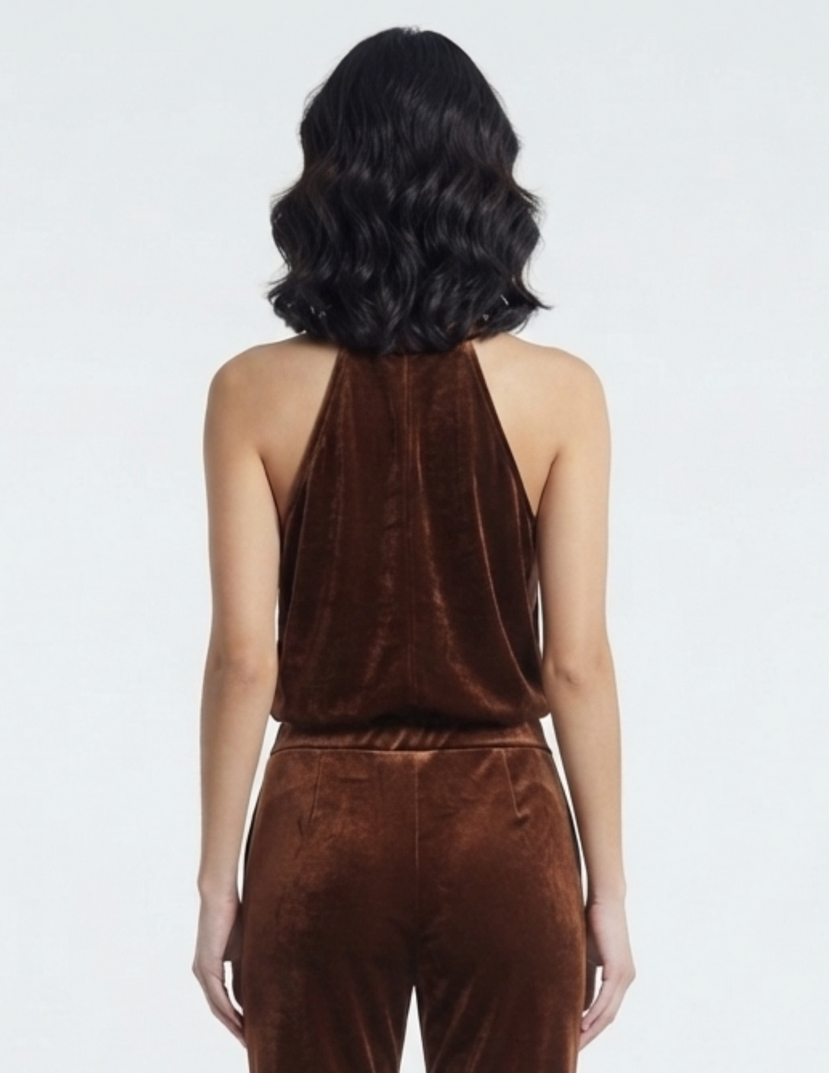 Conjunto de gamuza de blusa estilo halter con pantalón de gamuza