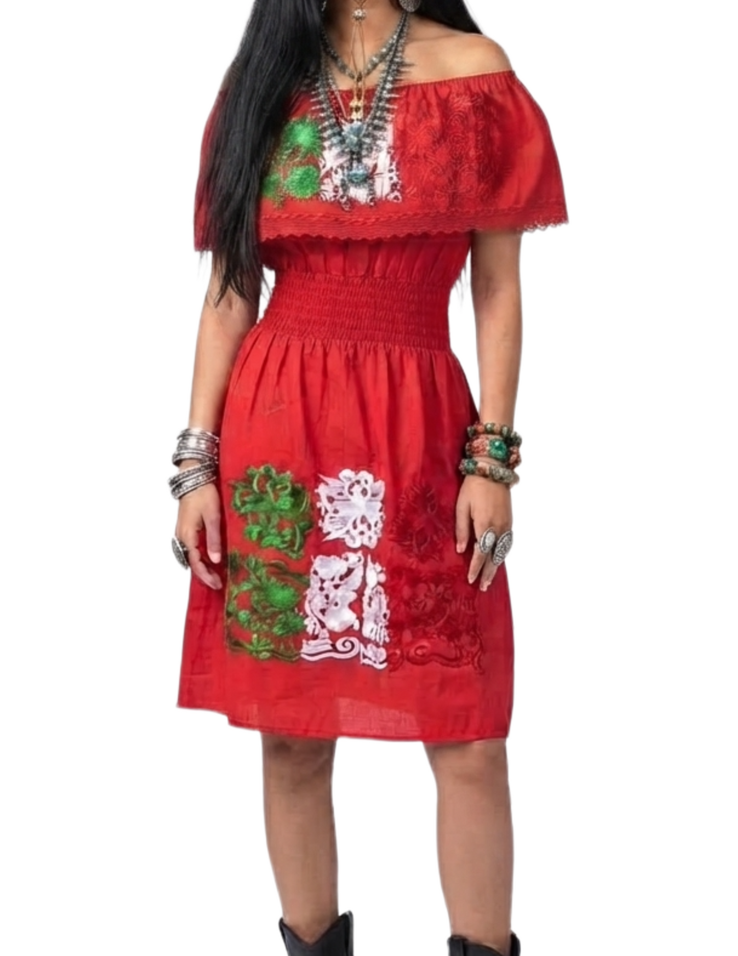 Vestido artesanal bordado con hombro descubierto