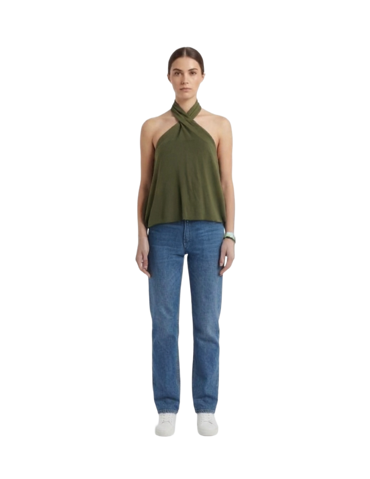 Blusa verde estilo halter con agarre en cuello