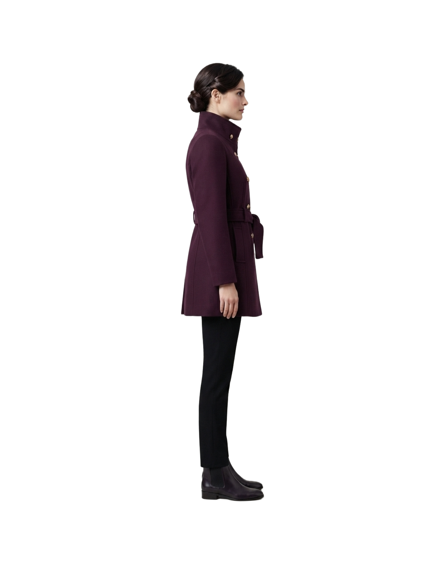 Saco morado abotonado cruzado con cinturon ajustable