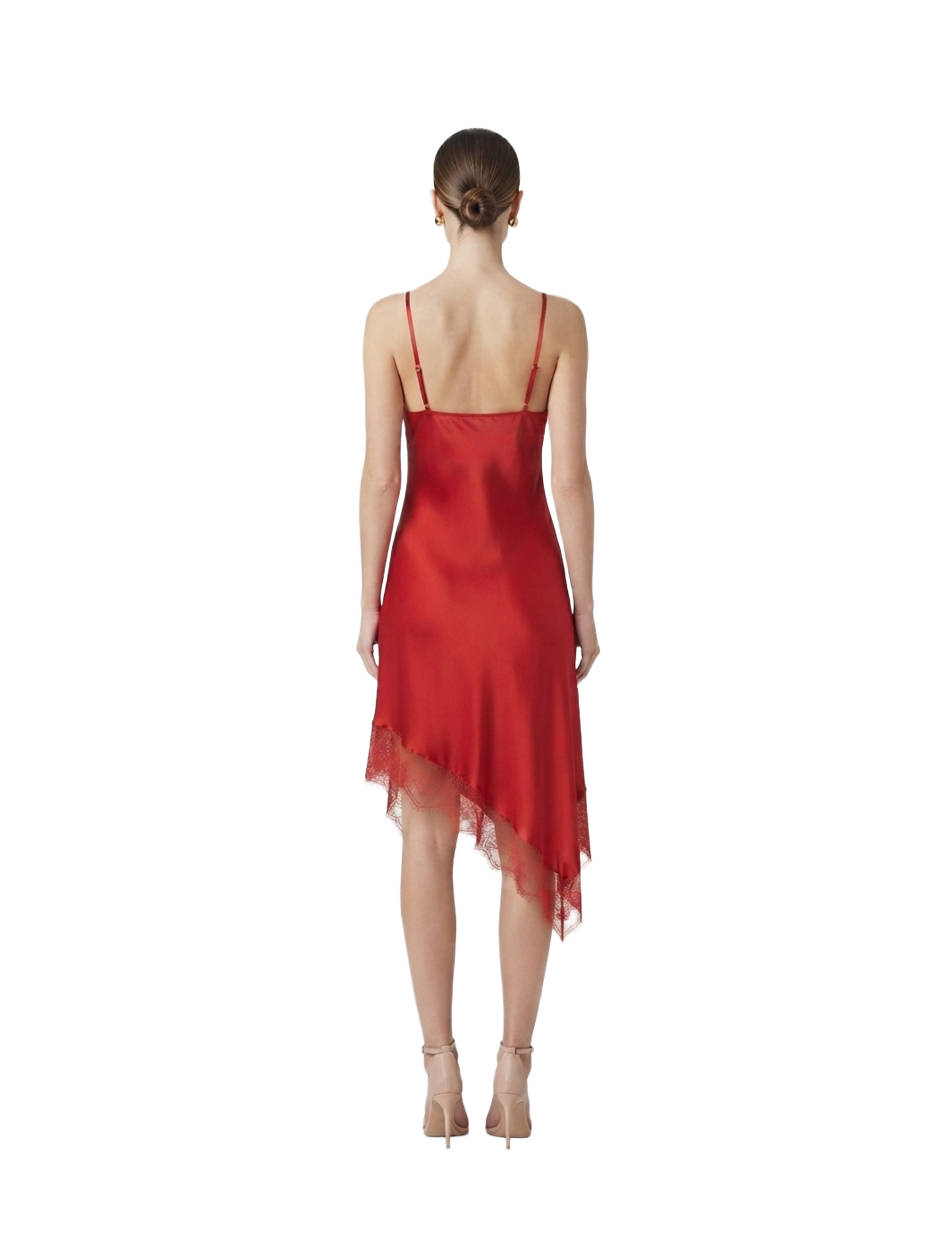 Vestido tipo satinado de tirantes con caida lateral de encaje