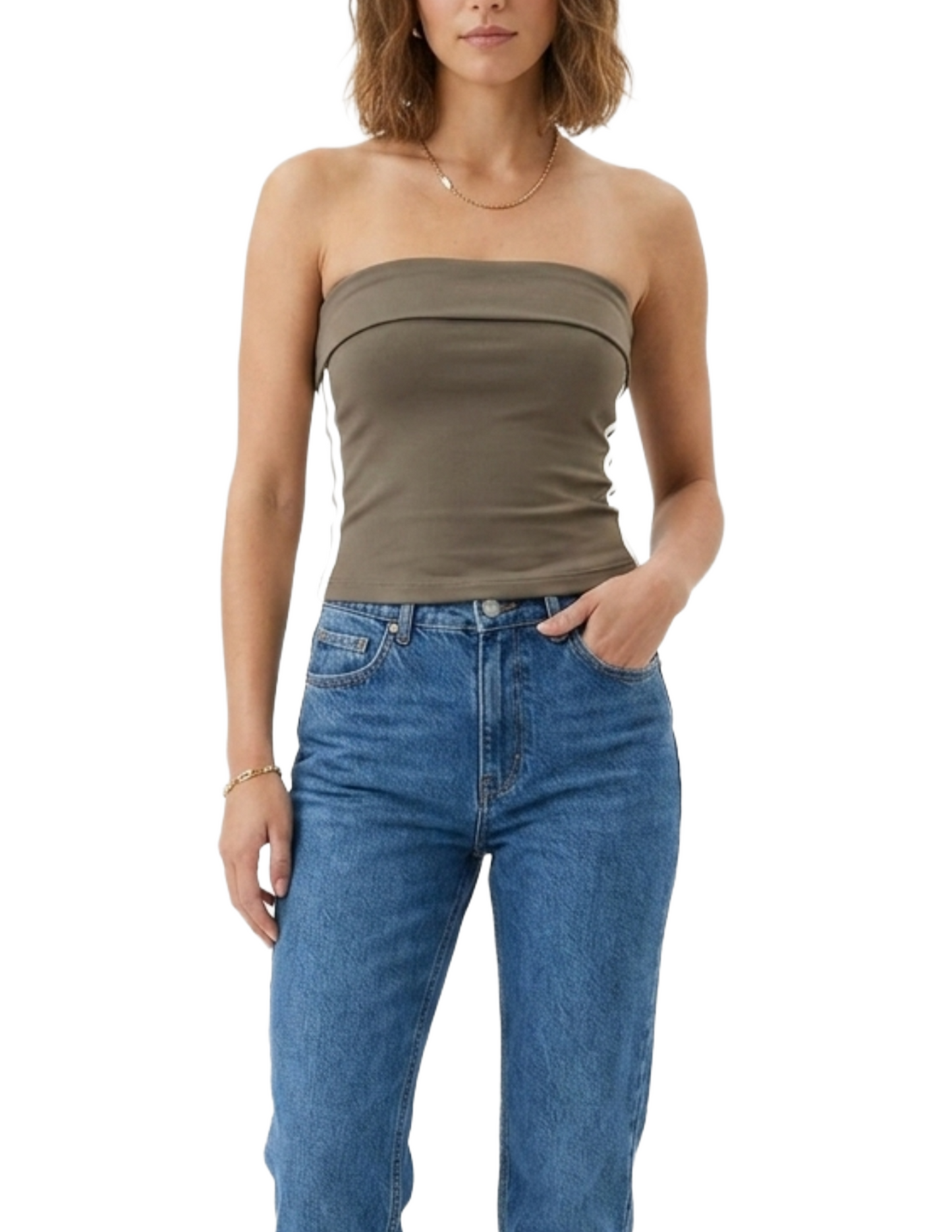 Crop top cafe con rayas laterales deportivo tipo strapless