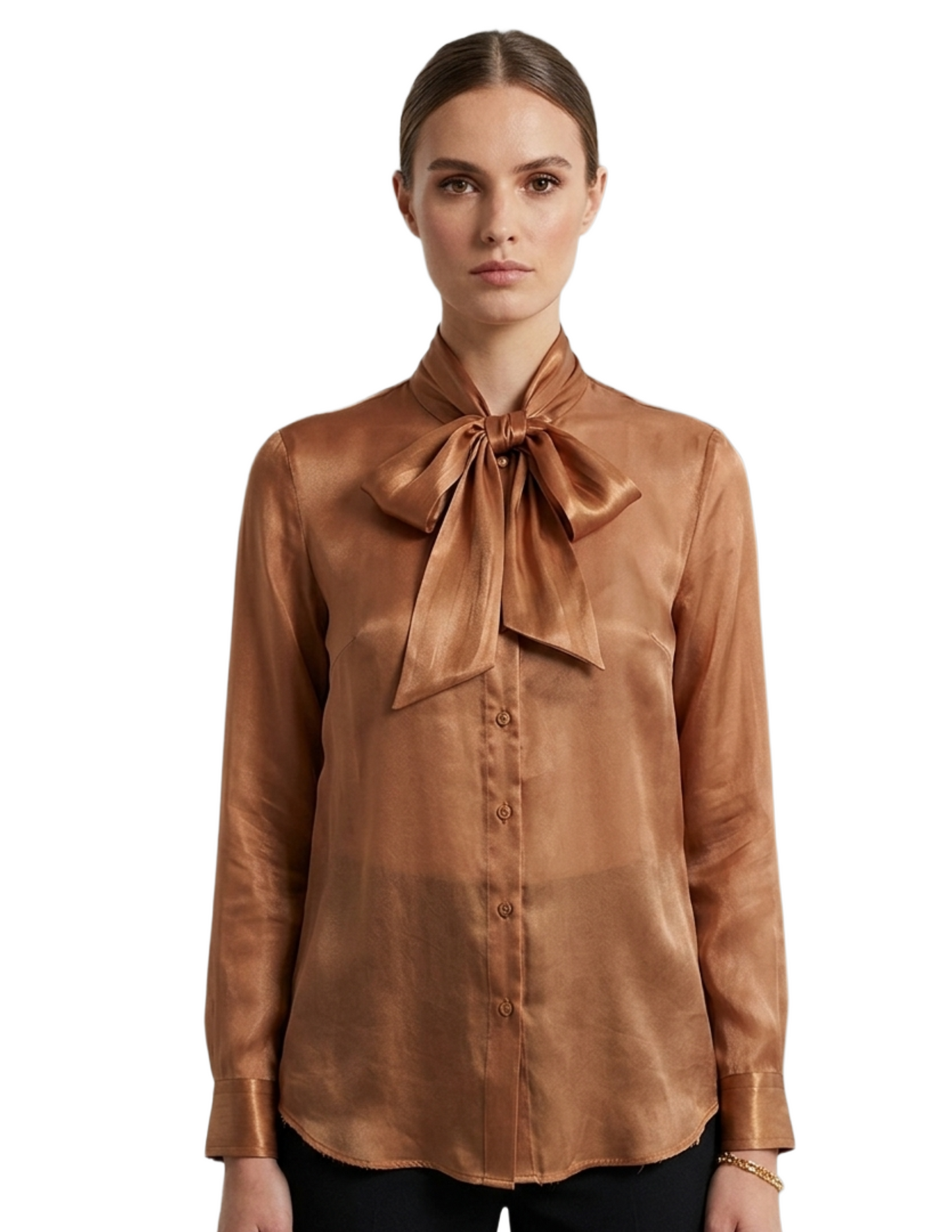 Blusa satinada cafe con amarre en cuello