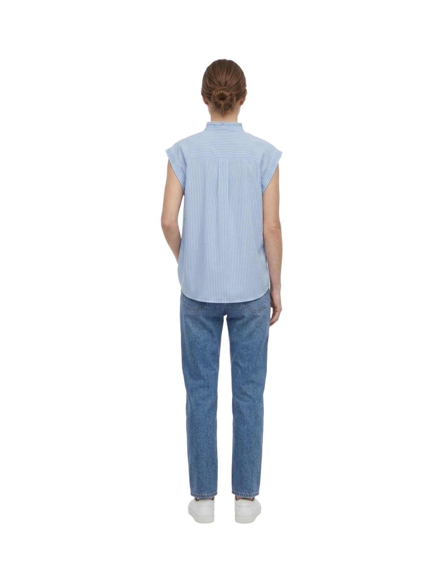 Blusa azul de rayas con cuello estilo japones