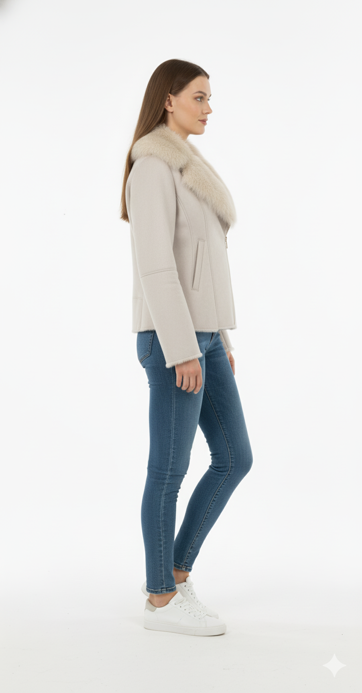 Saco beige con peluche en cuello cierre en ziper