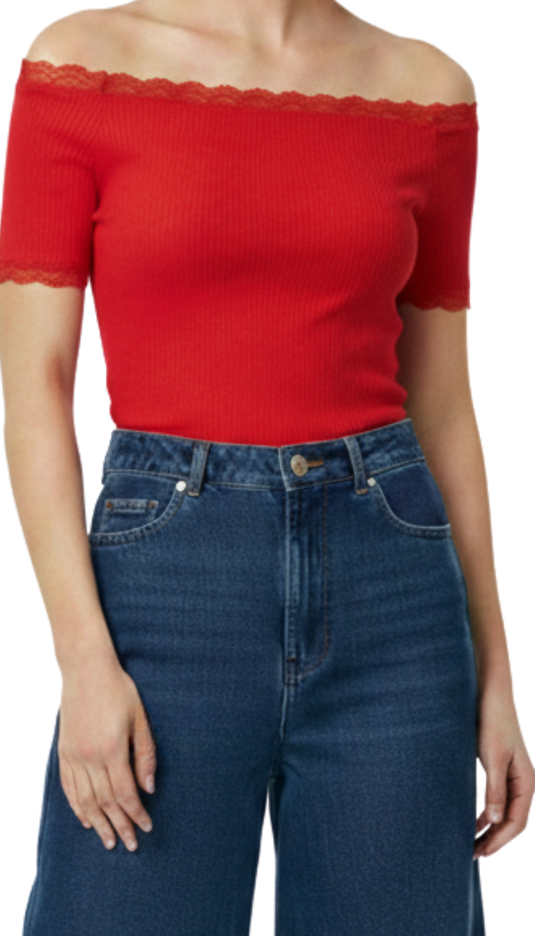 Blusa roja acanalada al hombro con detalle de encaje