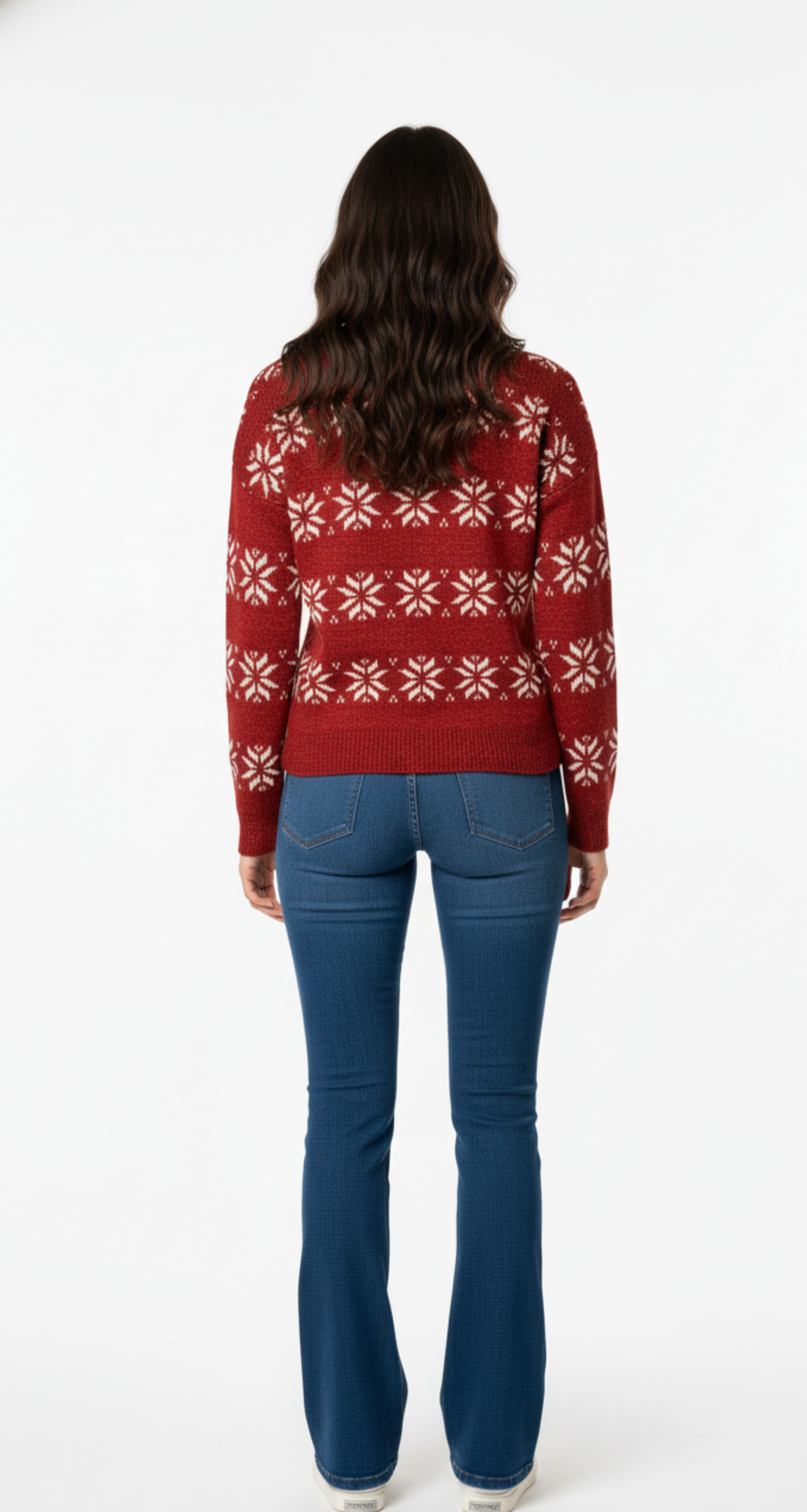 Suéter guinda tejido con copos navideños decorativos