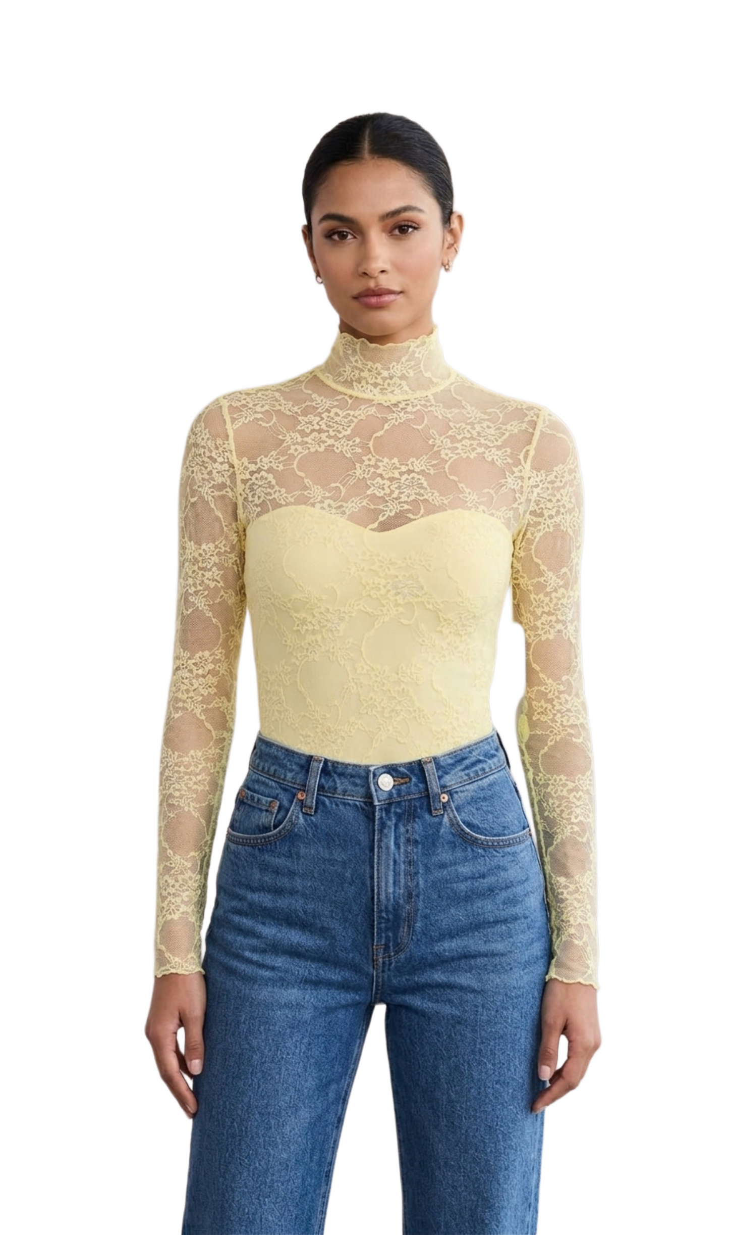 Blusa mesh amarilla manga larga cuello alto