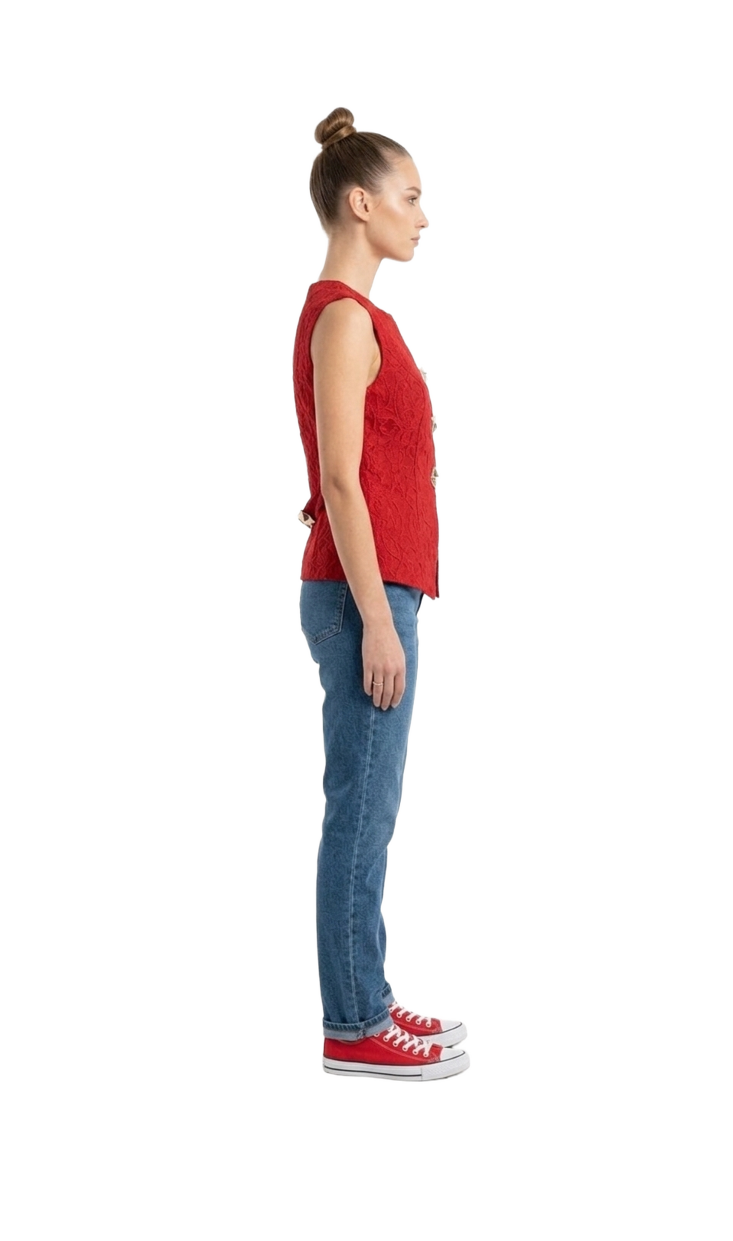 Blusa roja con encaje y botones cuadrados corte cruzado