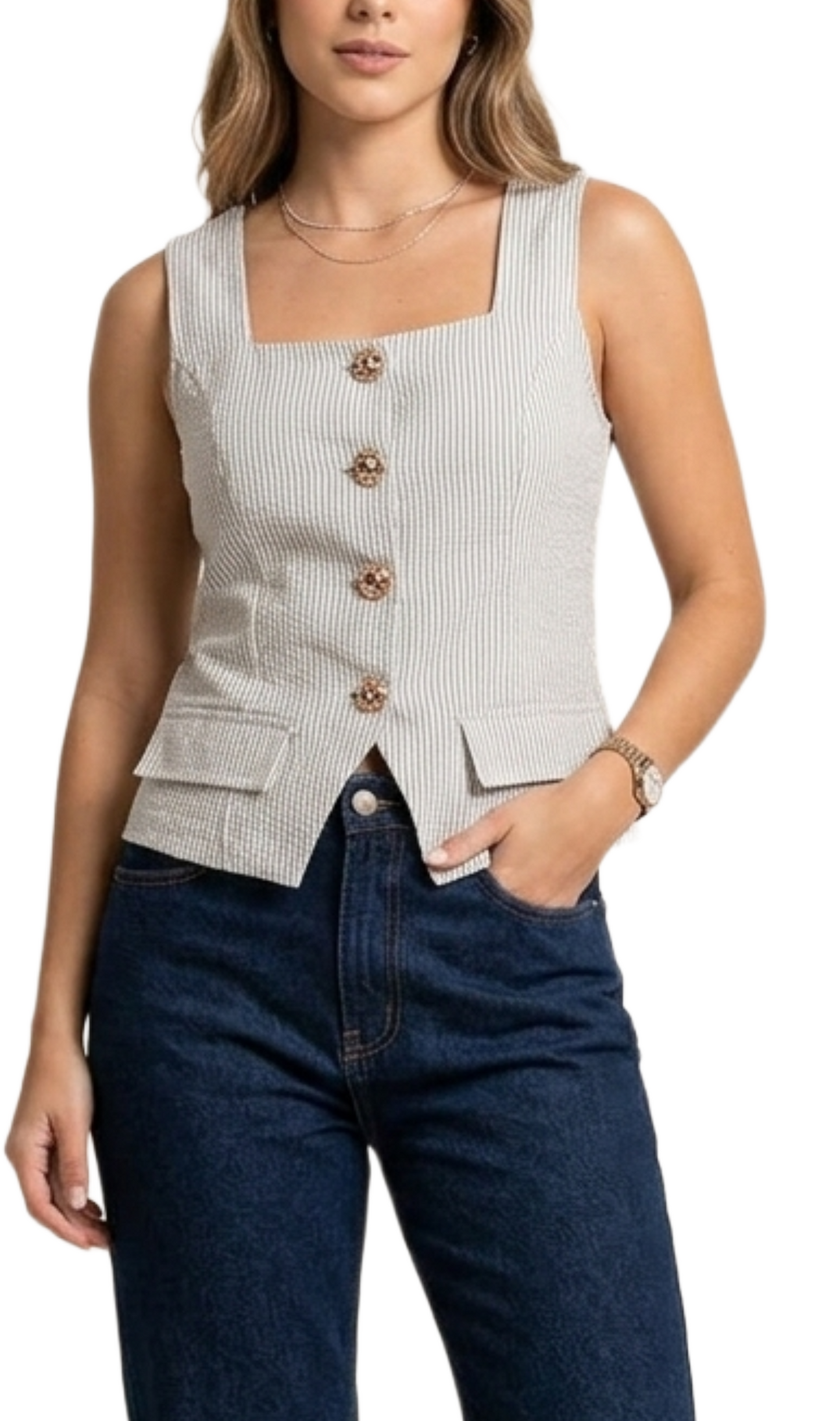 Blusa de tirantes de rayas cafes abotonada