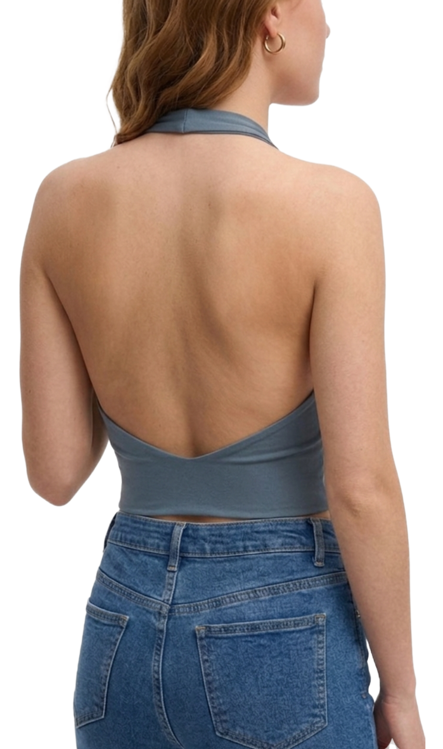 Blusa estilo halter satinada azul con detalle de metal en cuello